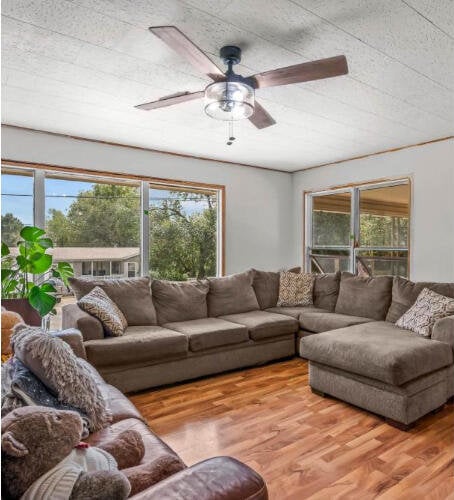 living room featuring plenty of natural light, light wood-type flooring, and ceiling fan