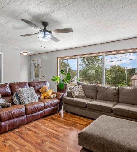 living room featuring wood-type flooring and ceiling fan