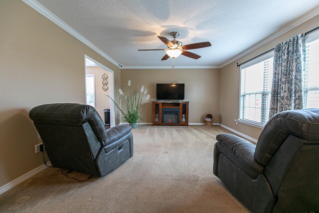 living room featuring carpet floors, plenty of natural light, and crown molding