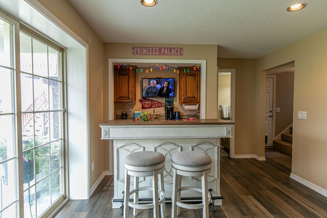 bar with dark hardwood / wood-style flooring and a textured ceiling