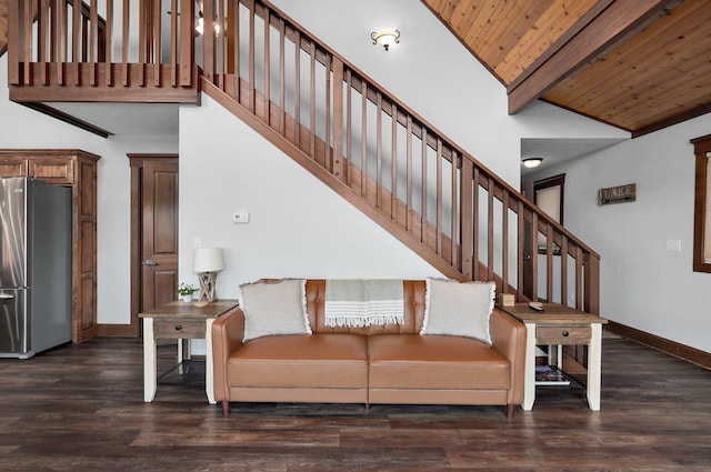 living room featuring wood ceiling, high vaulted ceiling, dark hardwood / wood-style flooring, and beamed ceiling