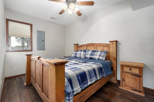 bedroom featuring dark wood-type flooring, electric panel, and ceiling fan