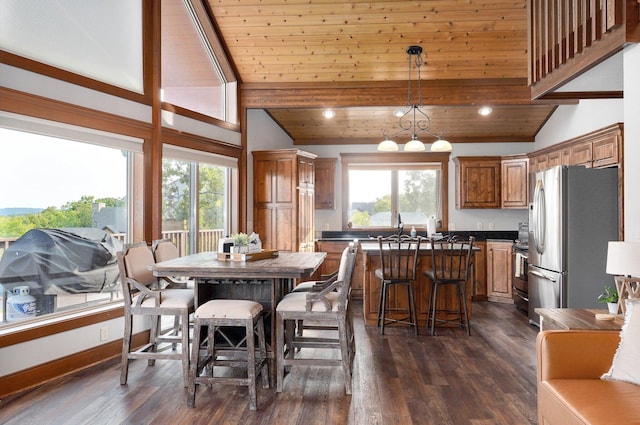 dining area with plenty of natural light, wooden ceiling, and dark hardwood / wood-style flooring