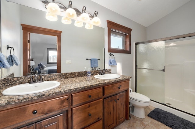 bathroom featuring a healthy amount of sunlight, toilet, vanity, and a shower with shower door