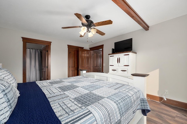 bedroom featuring ceiling fan, beamed ceiling, and hardwood / wood-style flooring