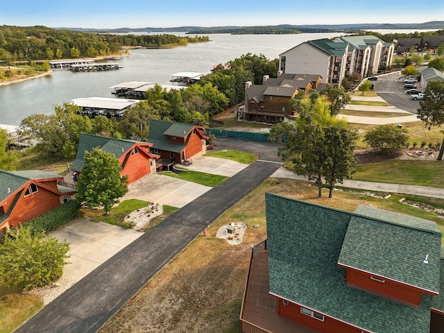 drone / aerial view featuring a water view