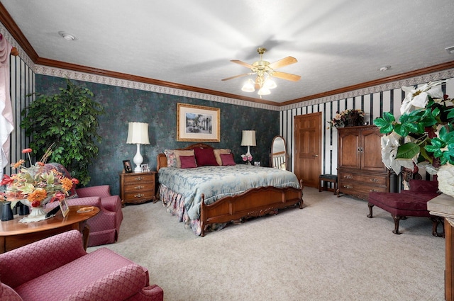 bedroom with ceiling fan, light colored carpet, a textured ceiling, and crown molding