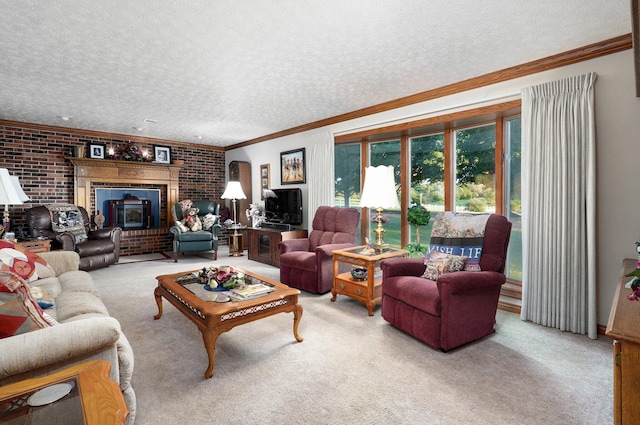 living room featuring light colored carpet, a textured ceiling, and ornamental molding