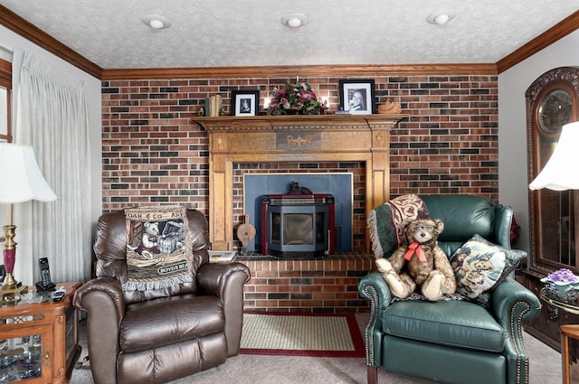 living room featuring brick wall, ornamental molding, a textured ceiling, and carpet flooring