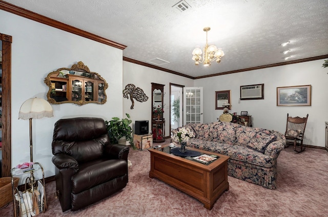 1568 Glossip Ave, Highlandville, MO 65669 - carpeted living room with a chandelier, a textured ceiling, crown molding, and baseboards