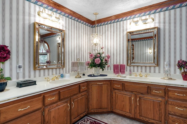 1568 Glossip Ave, Highlandville, MO 65669 - full bath featuring wallpapered walls, double vanity, a textured ceiling, and tile patterned flooring