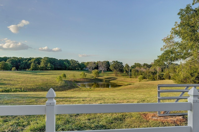 view of home's community with a water view and a yard