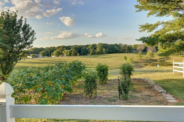 view of yard featuring a water view and a rural view