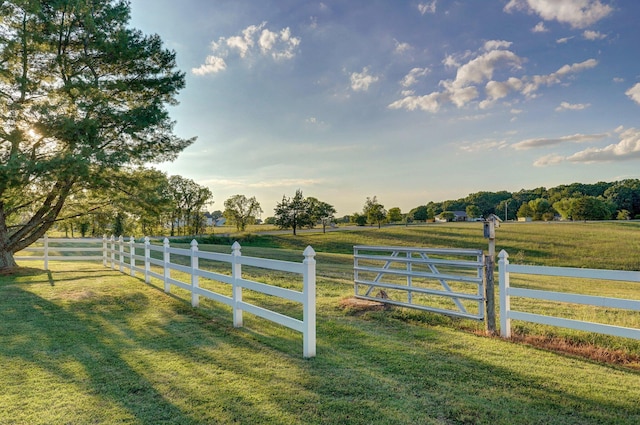 view of gate featuring a rural view and a yard