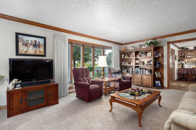 1568 Glossip Ave, Highlandville, MO 65669 - living room with light colored carpet, crown molding, and a textured ceiling