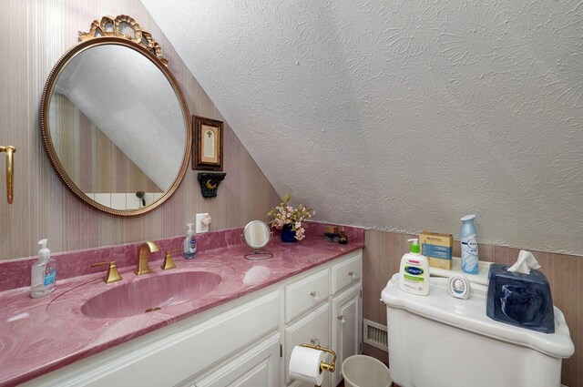 bathroom featuring vanity, lofted ceiling, and toilet