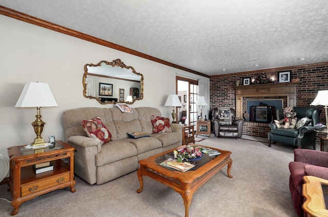 living room with carpet floors, crown molding, a textured ceiling, and a wood stove