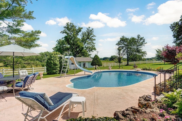 1568 Glossip Ave, Highlandville, MO 65669 - view of pool with a water slide, a patio area, and a diving board