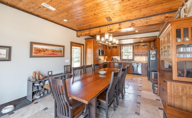 1326 Bald Eagle Dr, Galena, MO 65656 - dining room featuring wooden ceiling, stone tile floors, a chandelier, and visible vents