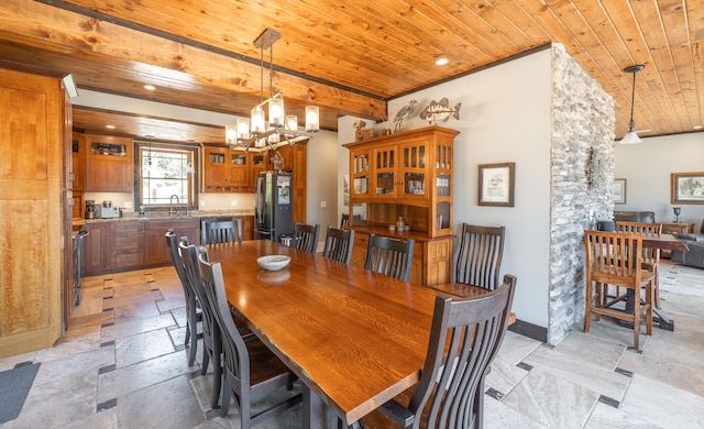 1326 Bald Eagle Dr, Galena, MO 65656 - dining room featuring a chandelier, stone tile floors, wood ceiling, and recessed lighting