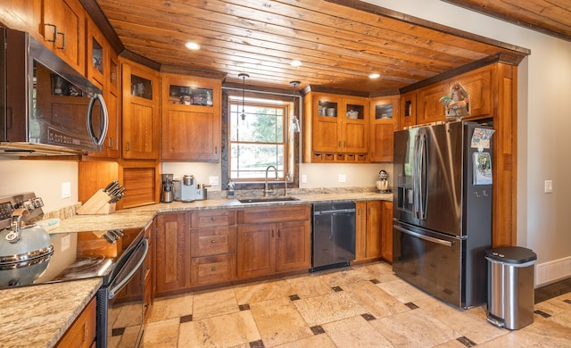1326 Bald Eagle Dr, Galena, MO 65656 - kitchen featuring a sink, visible vents, brown cabinets, wood ceiling, and appliances with stainless steel finishes