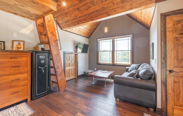 1326 Bald Eagle Dr, Galena, MO 65656 - living room with dark wood-type flooring, vaulted ceiling with beams, wooden ceiling, and a bar