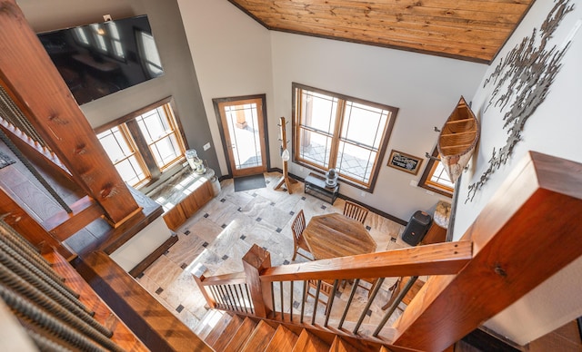1326 Bald Eagle Dr, Galena, MO 65656 - foyer entrance with baseboards, wood ceiling, and high vaulted ceiling