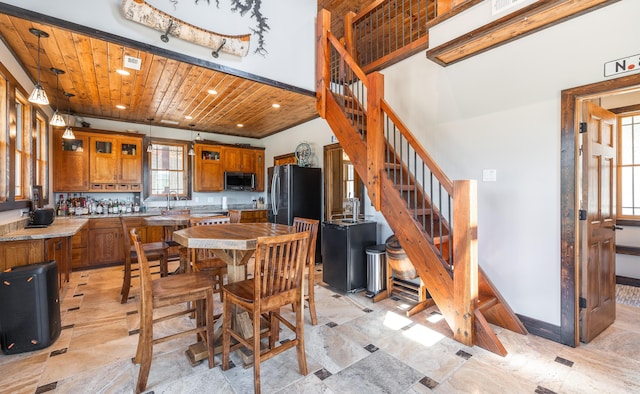 1326 Bald Eagle Dr, Galena, MO 65656 - dining space featuring wooden ceiling, baseboards, recessed lighting, and stairway