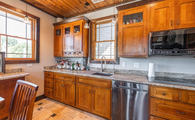 1326 Bald Eagle Dr, Galena, MO 65656 - kitchen with stainless steel appliances, a sink, brown cabinetry, wooden ceiling, and hanging light fixtures