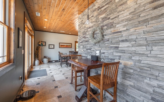 1326 Bald Eagle Dr, Galena, MO 65656 - dining space featuring wood ceiling, baseboards, visible vents, and recessed lighting