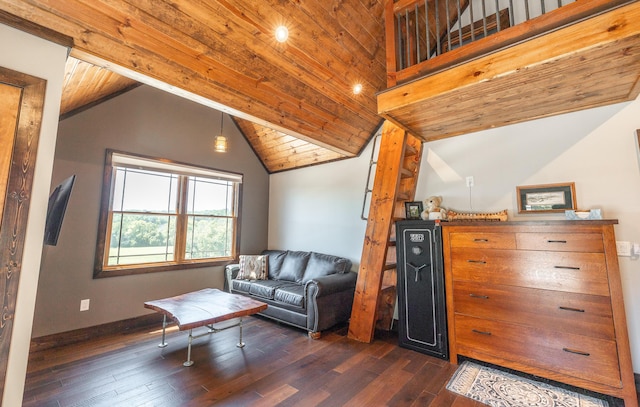 1326 Bald Eagle Dr, Galena, MO 65656 - living area with baseboards, lofted ceiling, wood ceiling, and dark wood-style flooring
