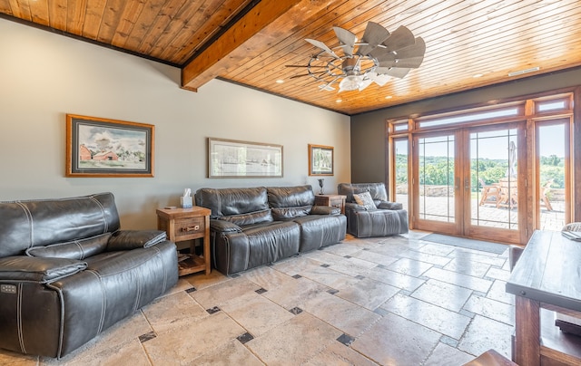 1326 Bald Eagle Dr, Galena, MO 65656 - living room featuring french doors, stone tile floors, recessed lighting, a ceiling fan, and wooden ceiling