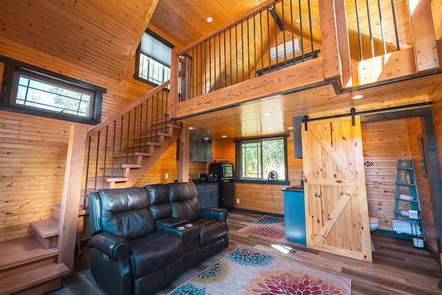 1326 Bald Eagle Dr, Galena, MO 65656 - living room featuring wooden walls, high vaulted ceiling, and stairs