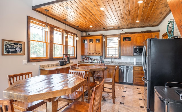 1326 Bald Eagle Dr, Galena, MO 65656 - kitchen with brown cabinets, recessed lighting, wooden ceiling, a sink, and appliances with stainless steel finishes