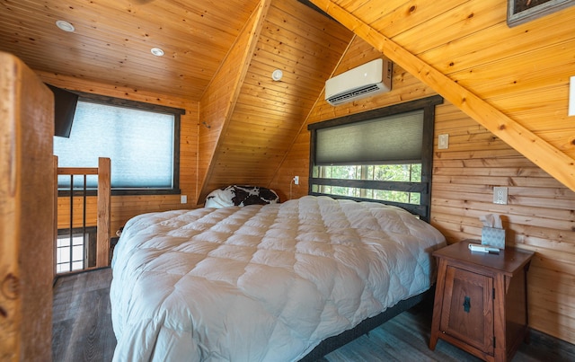 1326 Bald Eagle Dr, Galena, MO 65656 - bedroom with lofted ceiling, wood finished floors, wood walls, and a wall mounted AC