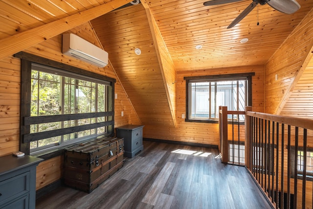 1326 Bald Eagle Dr, Galena, MO 65656 - additional living space with a wall unit AC, dark wood-style flooring, lofted ceiling, a ceiling fan, and wooden walls