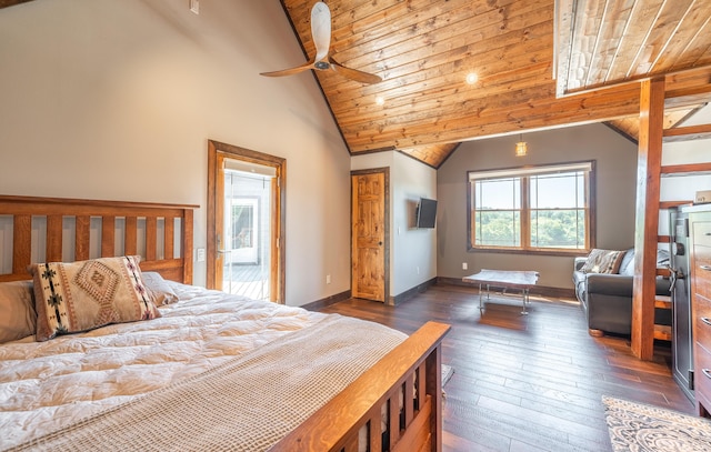 1326 Bald Eagle Dr, Galena, MO 65656 - bedroom featuring high vaulted ceiling, baseboards, wooden ceiling, and dark wood-style flooring
