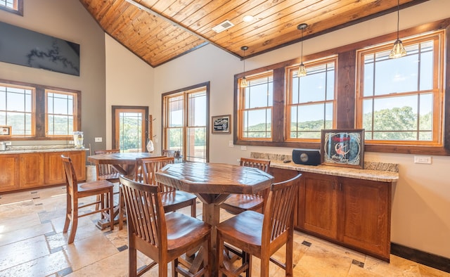 1326 Bald Eagle Dr, Galena, MO 65656 - dining area with stone tile floors, baseboards, visible vents, wood ceiling, and high vaulted ceiling