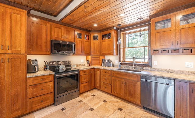 1326 Bald Eagle Dr, Galena, MO 65656 - kitchen featuring wood ceiling, brown cabinets, appliances with stainless steel finishes, and a sink