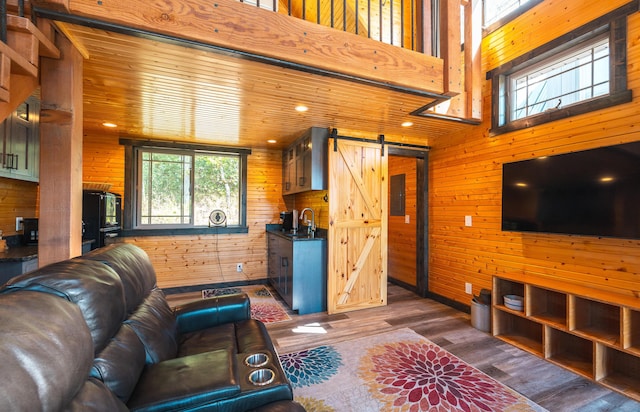 1326 Bald Eagle Dr, Galena, MO 65656 - living room with a barn door, wooden walls, and dark wood-type flooring