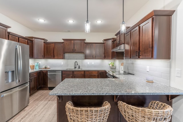5955 S Farm Rd 163 203B, Springfield, MO 65810 - kitchen featuring under cabinet range hood, stainless steel appliances, a sink, light wood-style floors, and a peninsula