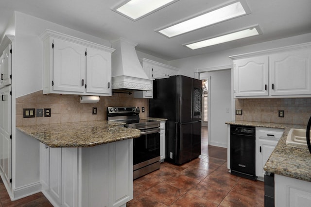 kitchen with stainless steel electric range oven, white cabinets, premium range hood, and stone countertops