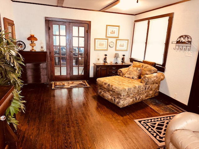 sitting room with french doors and hardwood / wood-style floors