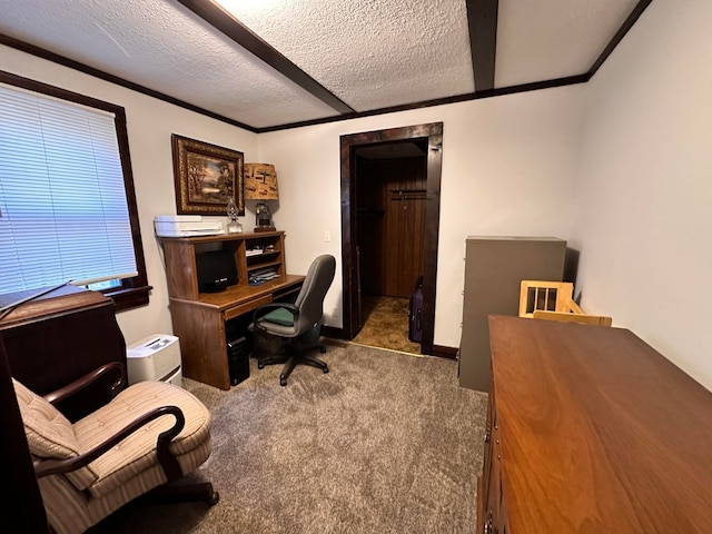 office area featuring crown molding, a textured ceiling, and carpet floors