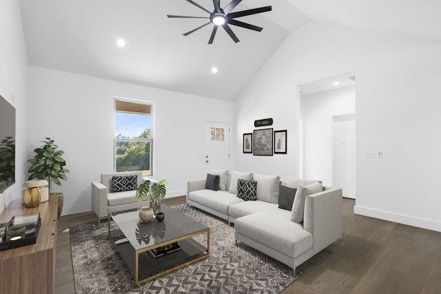 living room featuring ceiling fan, dark wood-type flooring, and high vaulted ceiling