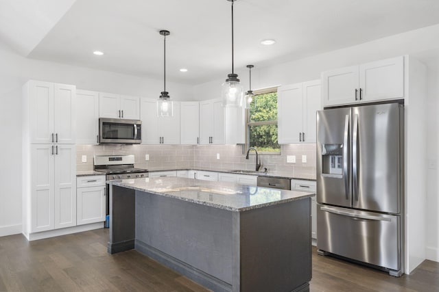 kitchen with white cabinets, stainless steel appliances, and dark hardwood / wood-style floors