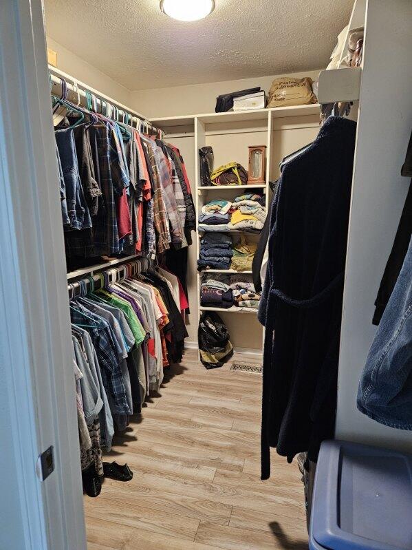 walk in closet with light hardwood / wood-style floors