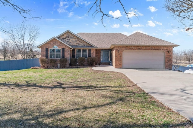 single story home with brick siding, a front yard, fence, a garage, and driveway