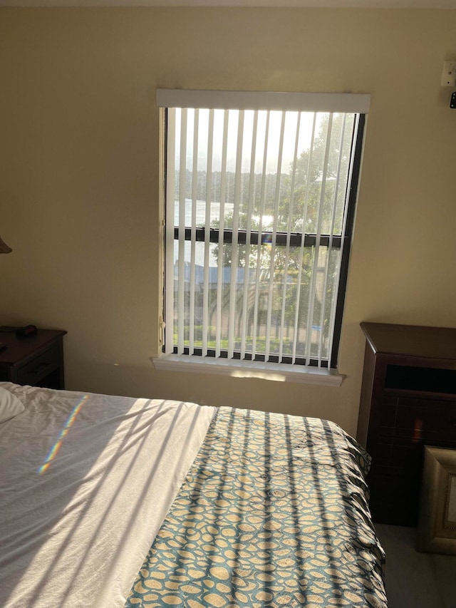 carpeted bedroom featuring a water view and multiple windows