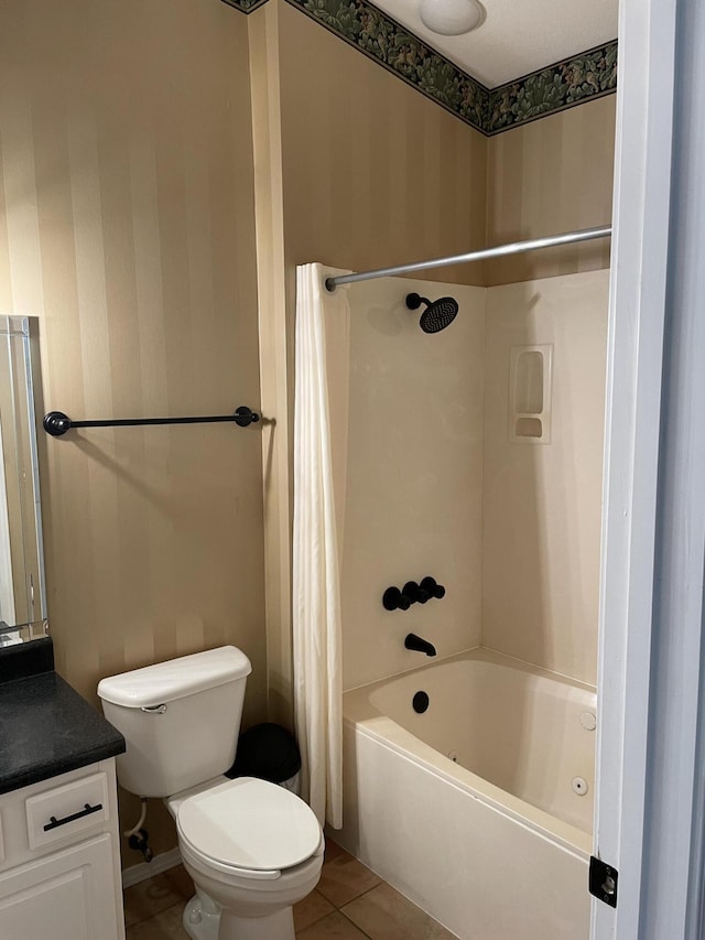 11863 State Highway 13 Unit 160, Kimberling City, MO 65686 - bathroom featuring wallpapered walls, shower / bath combo, vanity, and tile patterned flooring